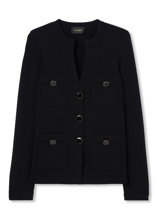 A modern neckline with an open V draws the eye to this chic Santiago Knit button front jacket, a luxurious knit that holds its shape through a lifetime of wear. 68% Viscose, 32% Nylon Overall Length: 24.50 Inches Collar Type: V Neckline Closure Type: Button Sleeve Type: Long Sleeve Sleeve Length: 23.25 Inches Take advantage of our TrueFit sizing if shopping for the first time.