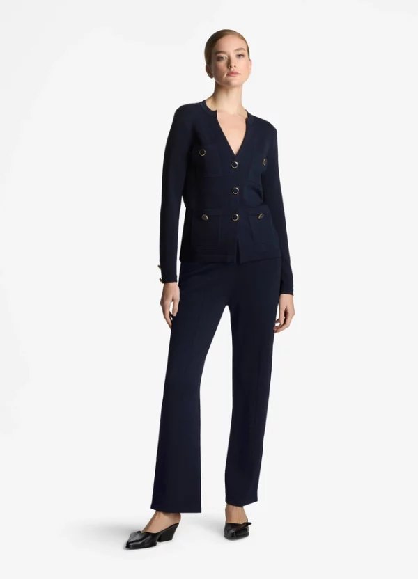 A modern neckline with an open V draws the eye to this chic Santiago Knit button front jacket, a luxurious knit that holds its shape through a lifetime of wear. 68% Viscose, 32% Nylon Overall Length: 24.50 Inches Collar Type: V Neckline Closure Type: Button Sleeve Type: Long Sleeve Sleeve Length: 23.25 Inches Take advantage of our TrueFit sizing if shopping for the first time.